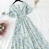 Floral Ruffled Short-sleeved Chiffon V-neck Dress